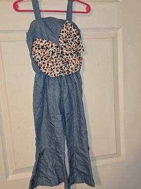 Kids Denim-Look One Piece with Leopard Bow Sz 3T